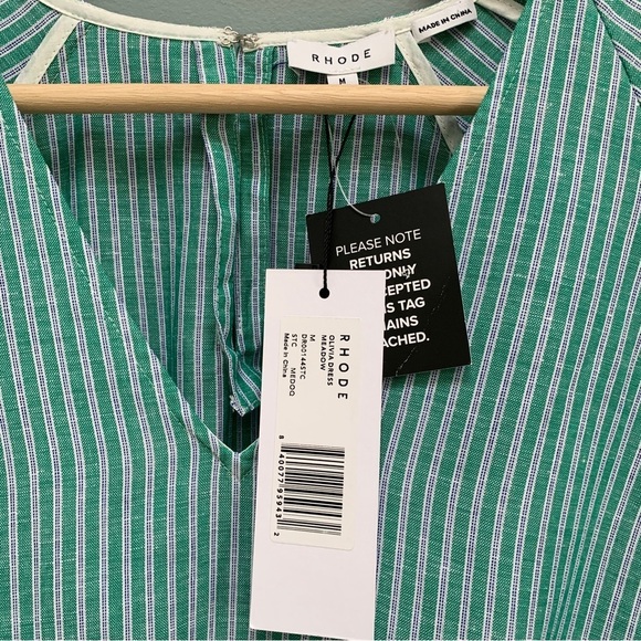 RHODE Olivia Striped Puff-Sleeve Linen Dress in Green Medium - Picture 10 of 10